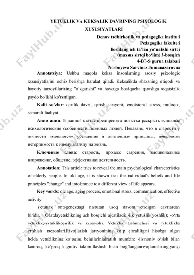 yetuklik va keksalik davrining psixologik xususiyatlari — DOCX