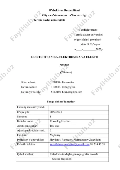 elektrotexnika, elektronika va elektr fani uchun sillabus — DOCX