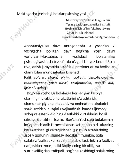 maktabgacha yoshdagi bolalar psixologiyasi — DOCX