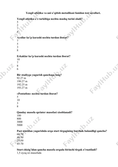 yengil atletika va uni o‘qitish metodikasi fanidan test savollari — DOCX