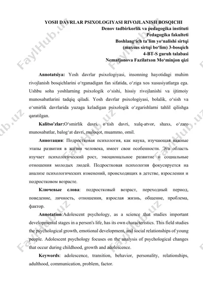 yosh davrlar psixologiyasi rivojlanish bosqichi — DOCX