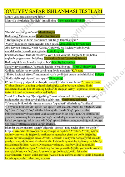 jovliyev safar ishlanmasi testlari — DOCX