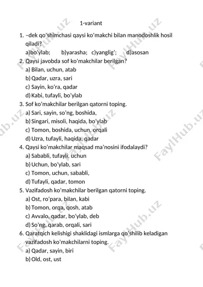 ko’makchi va bog’lovchilar mavzusidagi 1-variant test savollari — DOCX