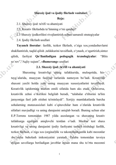shaxsiy ijod va ijodiy fikrlash vositalari — DOCX