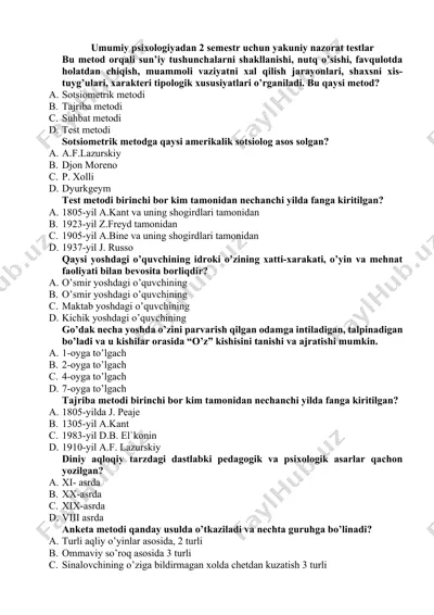 umumiy psixologiyadan 2-semestr yakuniy nazorat testlari — DOCX
