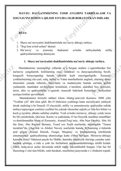 davlatimizning yosh avlodni tarbiyalash va sog‘ligini himoya qilish yo‘lida olib borayotgan ishlari — DOCX