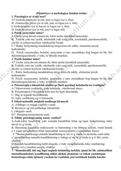 psixiatriya va narkologiya fanidan testlar — DOCX