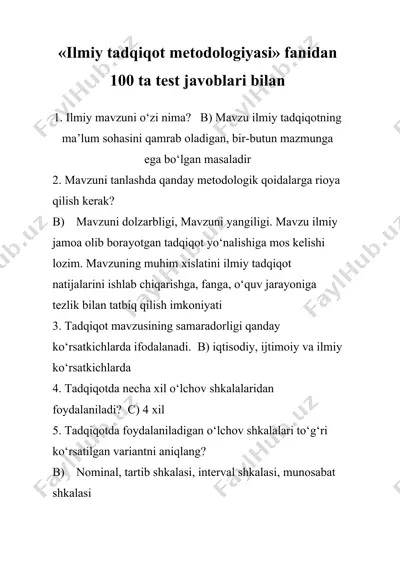 ilmiy tadqiqot metodologiyasi fanidan 100 ta test savollari va javoblari — DOCX
