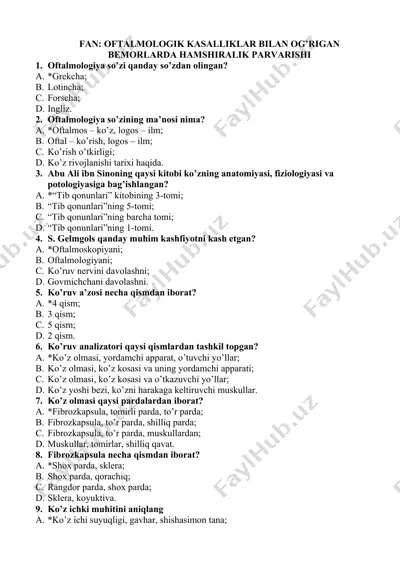 oftalmologik kasalliklar bilan og‘rigan bemorlarda hamshiralik parvarishi – savollar va javoblar to‘plami — DOCX