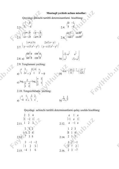 determinant va tenglamalar mustaqil yechish uchun misollar to‘plami — DOCX