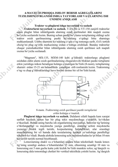 4-mavzu: tuproqqa ishlov berish agregatlarini tuzilishini o‘rganish, ishga tayyorlash va ularning ish unumini aniqlash — DOCX