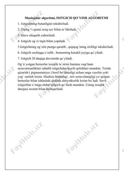 muolajalar algoritmlari (isitgich, xantal, muzli xaltacha, kompress, galvanizatsiya/elektroforez) — DOCX