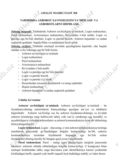 amaliy mashg‘ulot №8: tarmoqda axborot xavfsizligini ta’minlash va axborotlarni shifrlash — DOCX