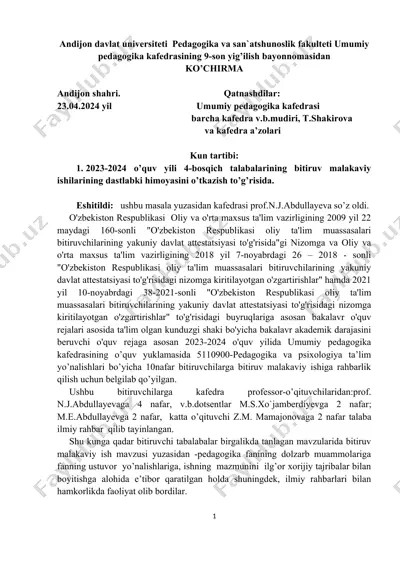umumiy pedagogika kafedrasining 9-son yig’ilish bayonnomasi (bitiruv malakaviy ishlarning dastlabki himoyasi) — DOCX