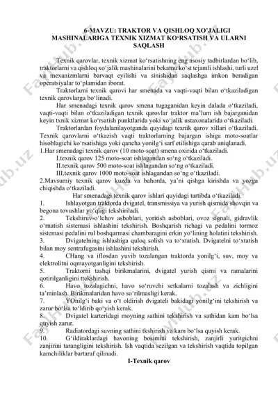 traktor va qishloq xo‘jaligi mashinalariga texnik xizmat ko‘rsatish va ularni saqlash — DOCX