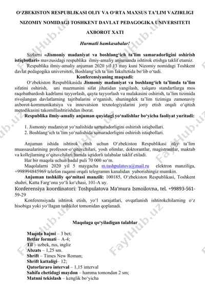 respublika ilmiy-amaliy anjuman “jismoniy madaniyat va boshlang‘ich ta’lim samaradorligini oshirish istiqbollari” — DOCX
