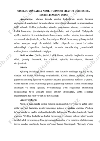 qishloq joylarda aholi turmush sifatini oshirishda kichik biznesni o‘rni — DOCX