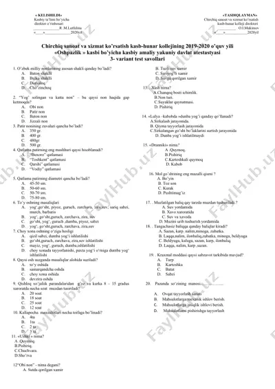 oshpazlik kasbi bo‘yicha kasbiy amaliy yakuniy davlat atestatsiyasi 3-variant test savollari — DOCX
