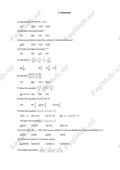matematikadan 1-chi, 2-chi va 3-chi trimestr imtihon savollari to‘plami — DOCX