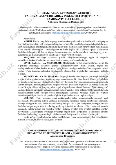 maktabga tayyorlov guruhi tarbiyalanuvchilariga ingliz tili o‘qitishning zamonaviy usullari — DOCX