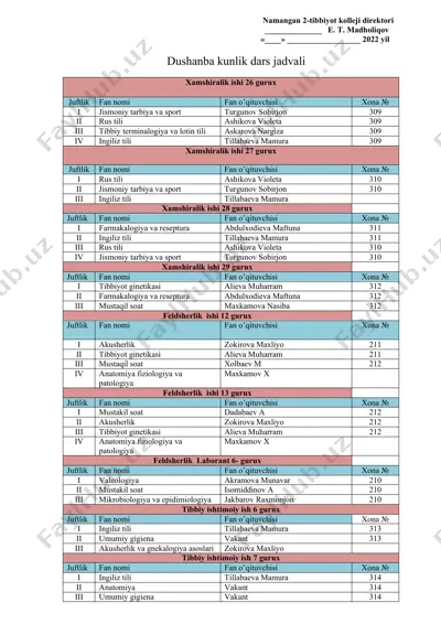 dushanba kunlik dars jadvali – namangan 2-tibbiyot kolleji — DOCX