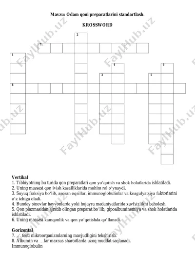 odam qoni preparatlarini standartlash. krossword, 8 ta savolli, javoblari bilan. — PDF