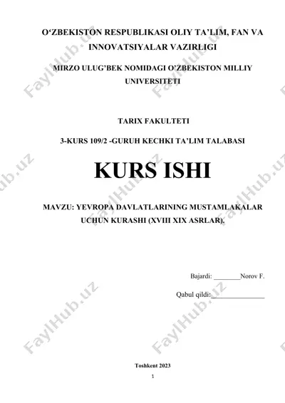 yevropa davlatlarining mustamlakalar uchun kurashi (xviii–xix asrlar) — DOCX