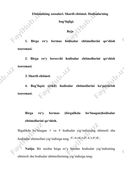 ehtimolning xossalari. shartli ehtimol. hodisalarning bog‘liqligi — DOCX