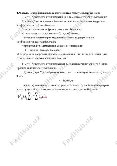 u = a + bx regressiya tenglamasi va prognozlash bo‘yicha amaliy ish — DOCX