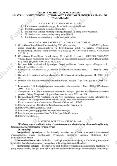 amaliy mashg‘ulot mavzulari: “institutsional iqtisodiyot” prezentatsiyasi — DOCX
