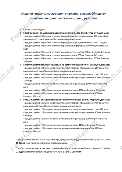 indenim termiz oziq-ovqat marketiga stilja­j vitrinalar va ularning komponentlari ro‘yhati — DOCX