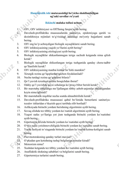 hamshiralik ishi mutaxassisligi uchun og‘zaki savollar ro‘yxati — DOCX