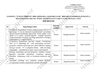 2022 yil “inson qadrini ulug‘lash va faol mahalla yili” ish rejasi (zangiota tumani tibbiyot birlashmasi 16-op brigada xamshirasi jorayeva shaxnoza) — DOCX