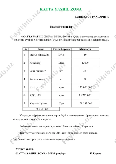 108 kw quyosh fotoelektr stansiyasini o‘rnatish va ishga tushirish — DOCX