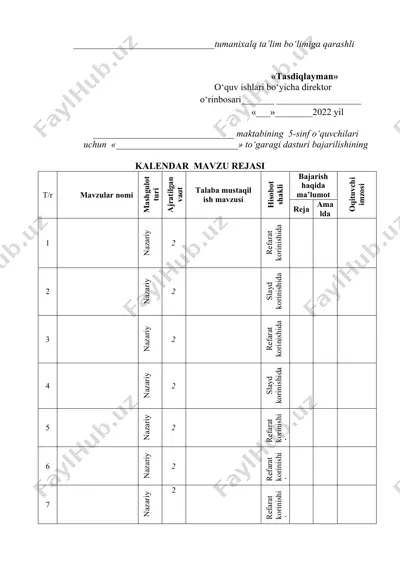 5-sinf o‘quvchilari uchun «to‘garak dasturi» kalendar mavzu rejasi — DOCX