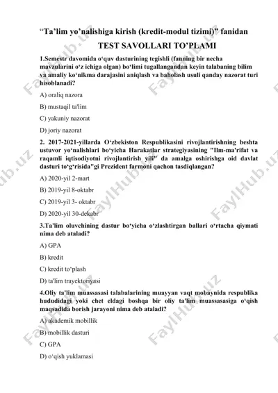 test savollari to’plami: “ta’lim yo’nalishiga kirish (kredit-modul tizimi)” — DOCX