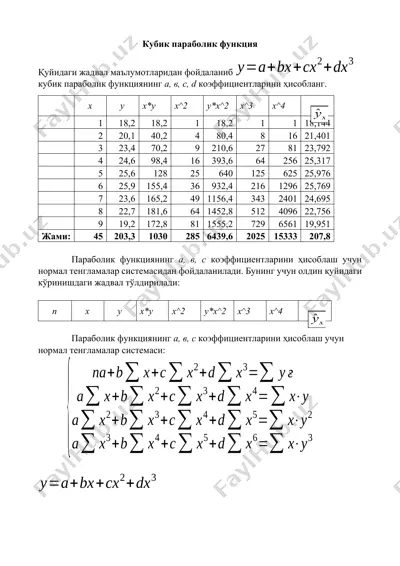 kubik parabolik funksiyaning a, b, c, d koeffitsiyentlarini hisoblash — DOCX