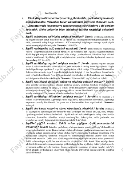 klinik diagnostika laboratoriya savol-javoblari: jihozlanish, siydik va me’da shira tahlillari — DOCX