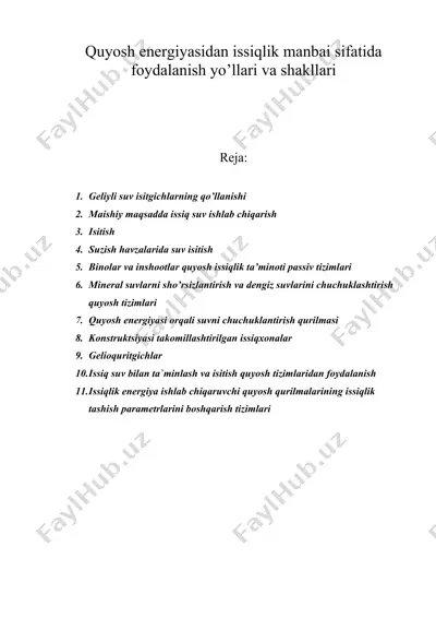 quyosh energiyasidan issiqlik manbai sifatida foydalanish yo’llari va shakllari — DOC