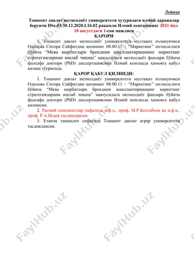 мева шарбатлари брендини шакллантиришнинг маркетинг стратегияларини ишлаб чиқиш — DOCX