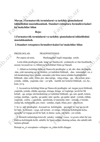 farmatsevtik terminlarni va tarkibiy qismchalarni ishlatilishini mustahkamlash hamda standart retseptura formulirovkalari — DOCX