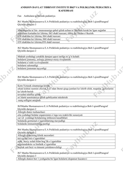 ambulator poliklinik pediatriya bob i savol-javoblar to‘plami — DOCX