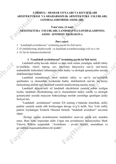 2-modul: shahar yo’llari va ko’chalar arxitekturasi va shaharsozlik arxitektura uslublari, loyihalashtirish asoslari — DOCX