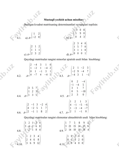 mustaqil ish: kvadrat matritsalar bilan bog‘liq amaliy masalalar (4.1–4.36) — DOCX