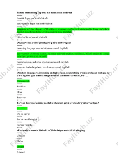 falsafa atamalari va dunyoqarash test savollari — DOCX