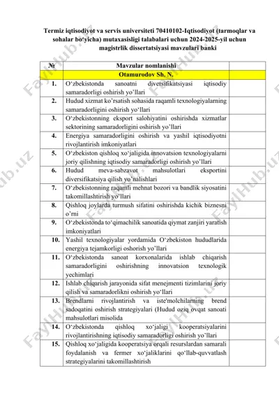 magistrlik dissertatsiyasi mavzulari banki (2024–2025) – termiz iqtisodiyot va servis universiteti — DOCX