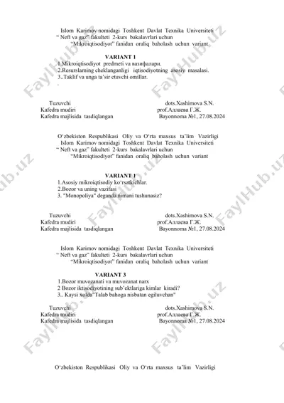 mikroiqtisodiyot fanidan oraliq baholash uchun variantlar — DOCX