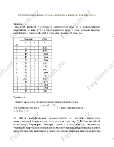 statistik ma’lumotlar k tema «lineynaya mnozhestvennaya regressiya» (vaz 2110 narxlari) — DOCX