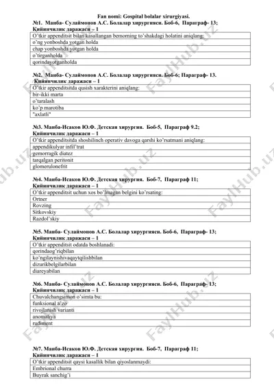 gospital bolalar xirurgiyasi uchun topshiriqlar va manbalar ro‘yxati — DOCX