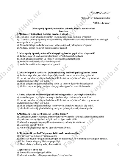 mintaqaviy iqtisodiyot fanidan yakuniy nazorat test savollari (1-variant) — DOCX